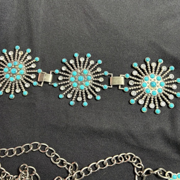 Vintage Chico's "Turquoise", Clear Crystal & Metal Chain Belt - Picture 5 of 9